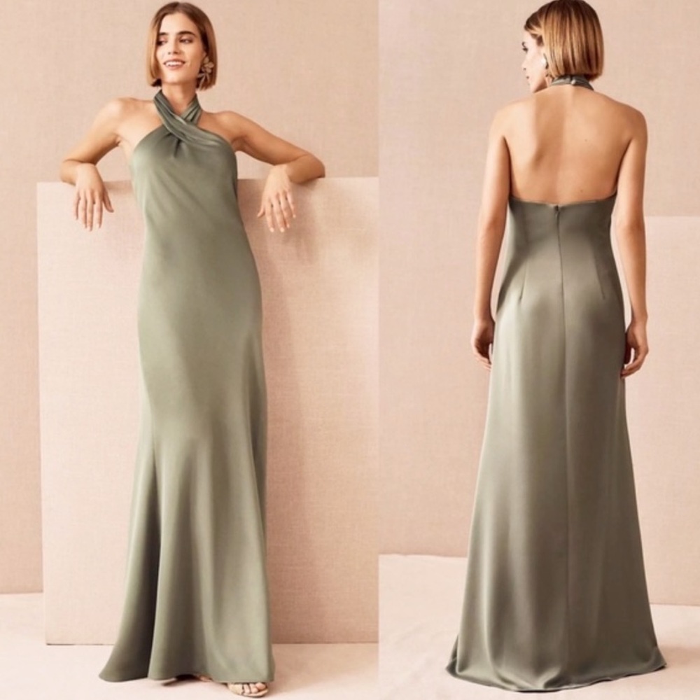Never Worn! BHLDN Ruby Satin Charmeuse Bridesmaids Dress in Olive Green